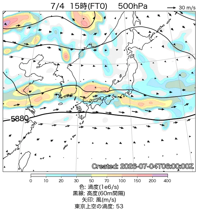 2026年7月4日の日本周辺の500hPa天気図（15時）