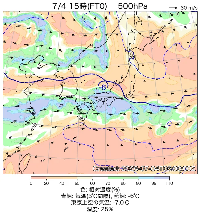 2026年7月4日の日本周辺の500hPa天気図（15時）