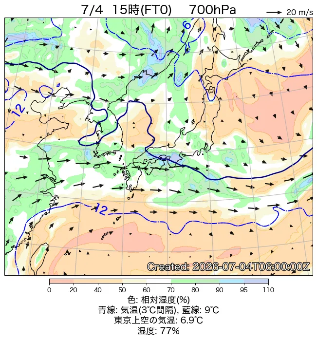 2026年7月4日の日本周辺の700hPa天気図（15時）