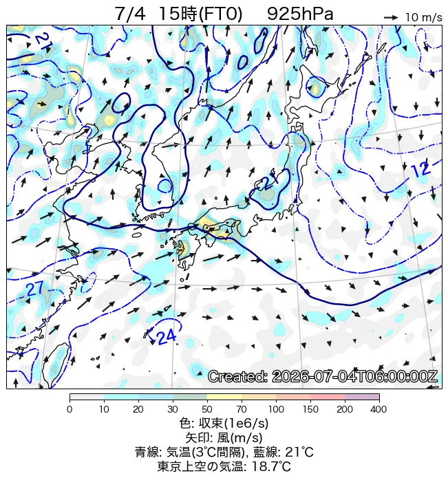 2026年7月4日の日本周辺の925hPa天気図（15時）