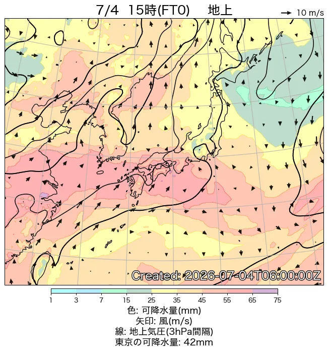 2026年7月4日の日本周辺の地上天気図（15時）