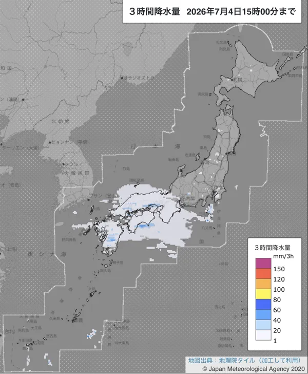 2026年7月4日12〜15時の日本周辺の3時間解析降水量