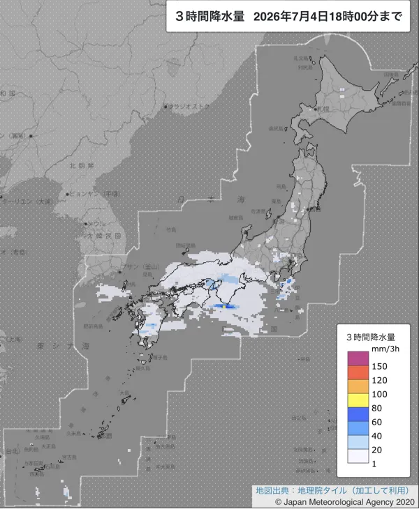 2026年7月4日15〜18時の日本周辺の3時間解析降水量