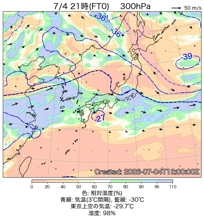 2026年7月4日の日本周辺の300hPa天気図（21時）