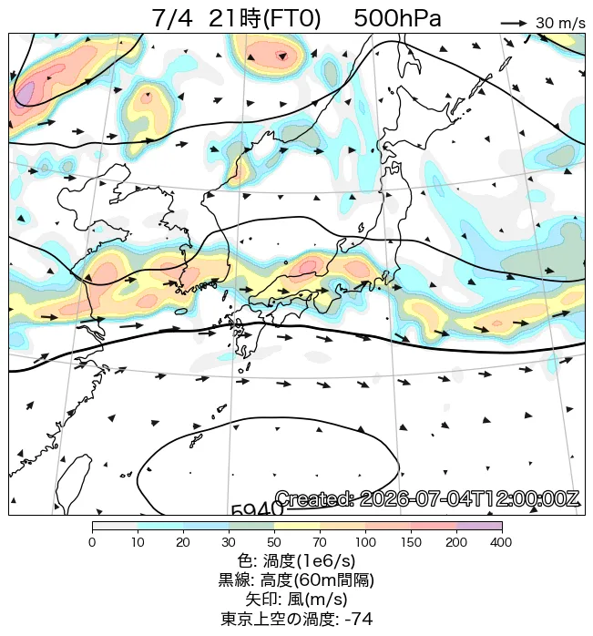 2026年7月4日の日本周辺の500hPa天気図（21時）