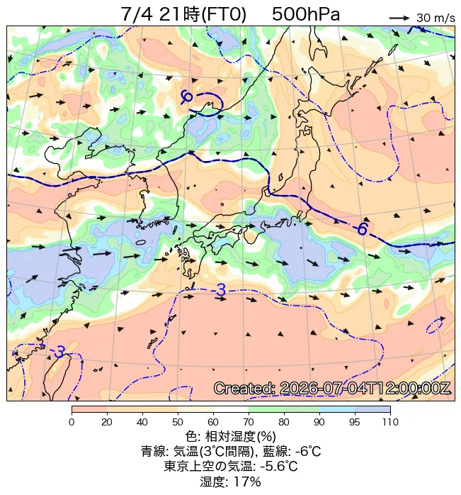2026年7月4日の日本周辺の500hPa天気図（21時）