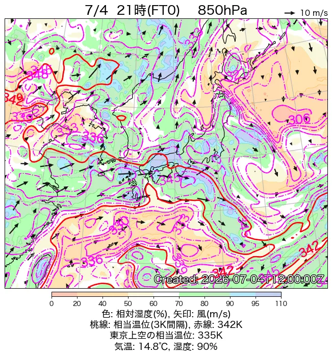 2026年7月4日の日本周辺の850hPa天気図（21時）