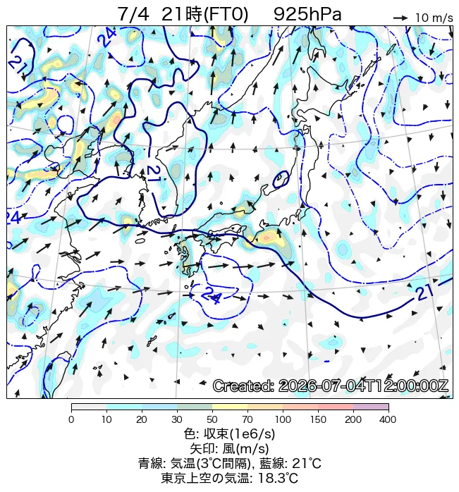 2026年7月4日の日本周辺の925hPa天気図（21時）