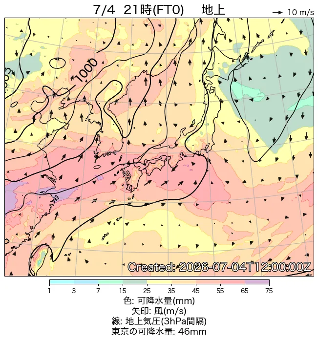 2026年7月4日の日本周辺の地上天気図（21時）