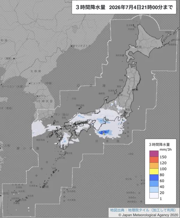 2026年7月4日18〜21時の日本周辺の3時間解析降水量