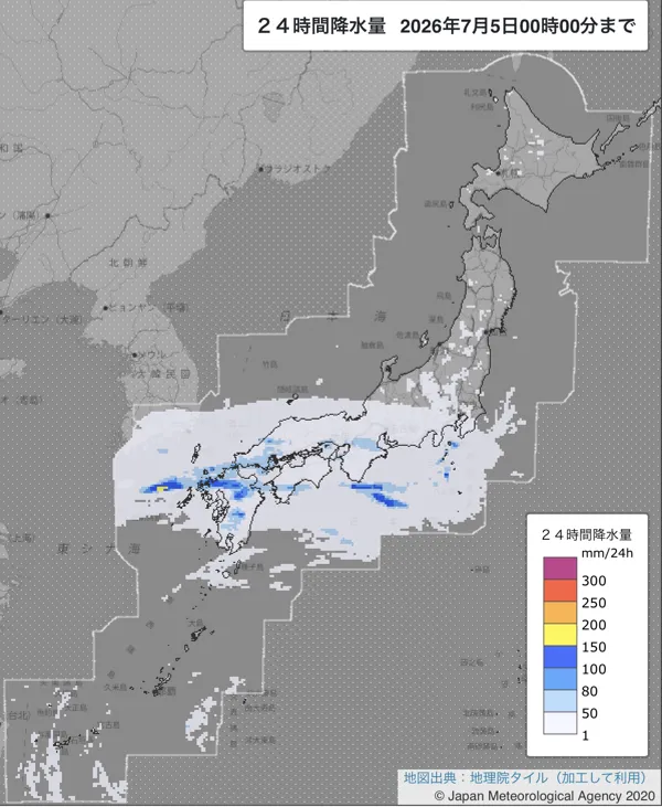 2026年7月4日の日本周辺の日解析雨量の図