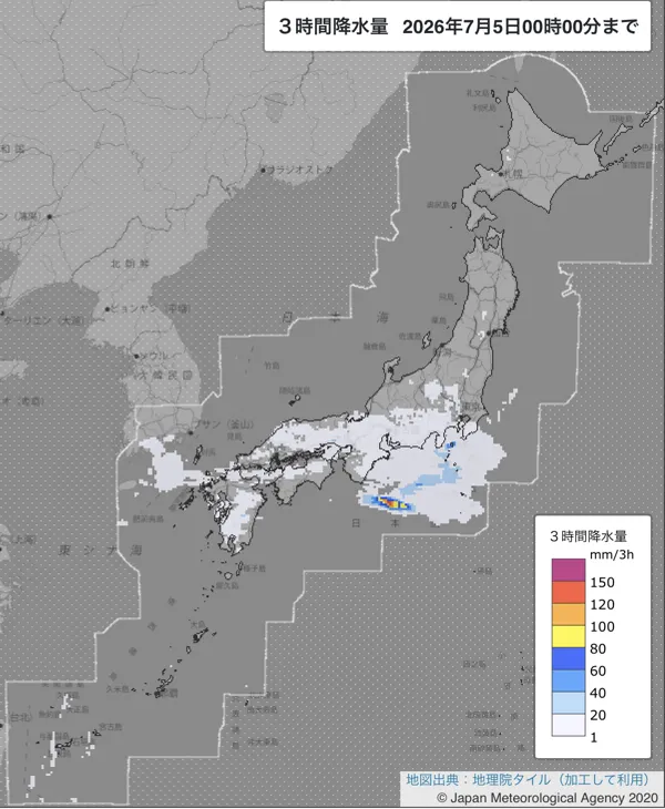 2026年7月4日21〜24時の日本周辺の3時間解析降水量