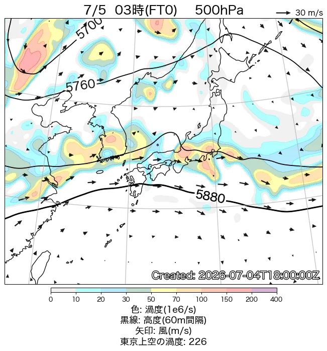 2026年7月5日の日本周辺の500hPa天気図（3時）