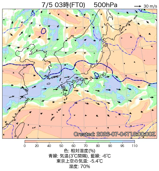 2026年7月5日の日本周辺の500hPa天気図（3時）