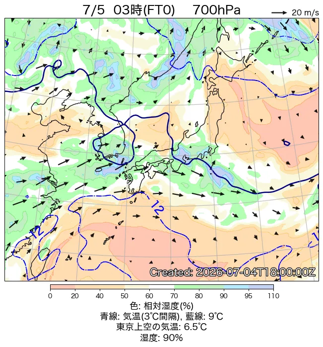 2026年7月5日の日本周辺の700hPa天気図（3時）