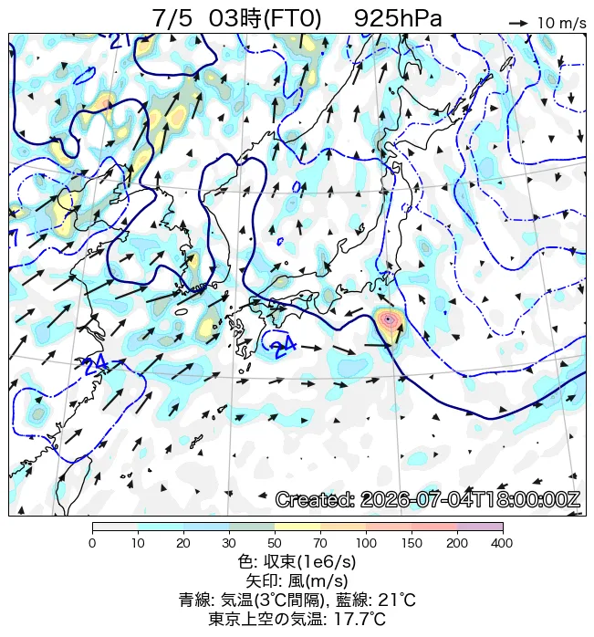 2026年7月5日の日本周辺の925hPa天気図（3時）