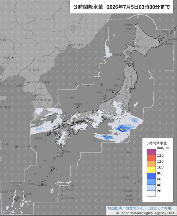 2026年7月5日0〜3時の日本周辺の3時間解析降水量