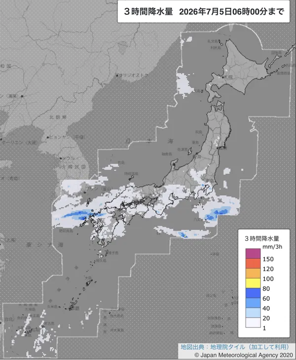 2026年7月5日3〜6時の日本周辺の3時間解析降水量