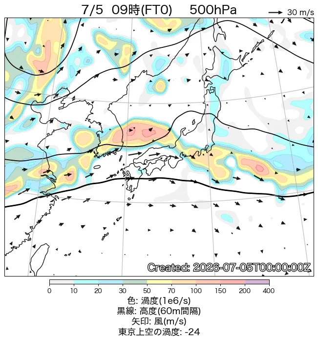2026年7月5日の日本周辺の500hPa天気図（9時）