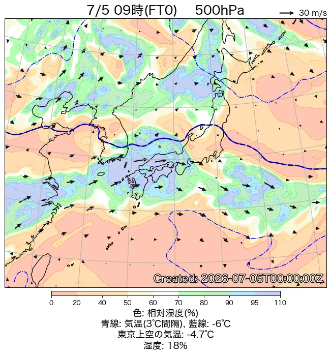 2026年7月5日の日本周辺の500hPa天気図（9時）