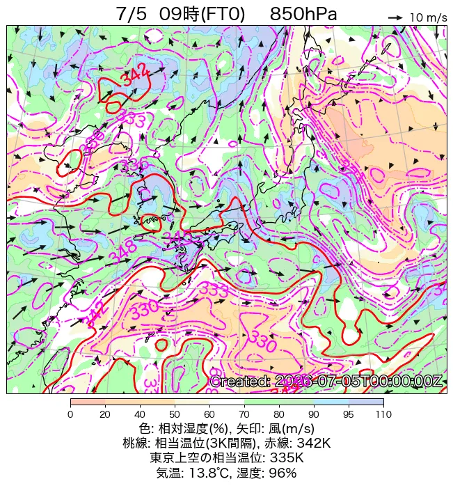 2026年7月5日の日本周辺の850hPa天気図（9時）