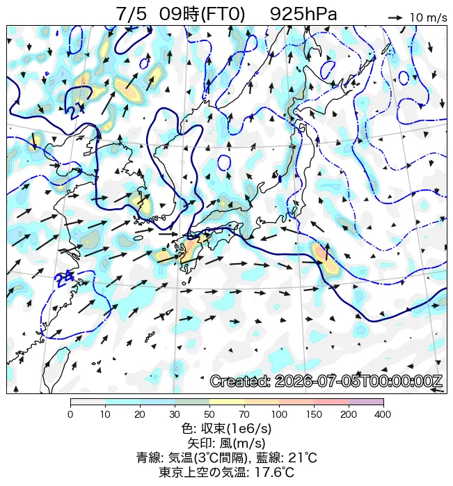 2026年7月5日の日本周辺の925hPa天気図（9時）