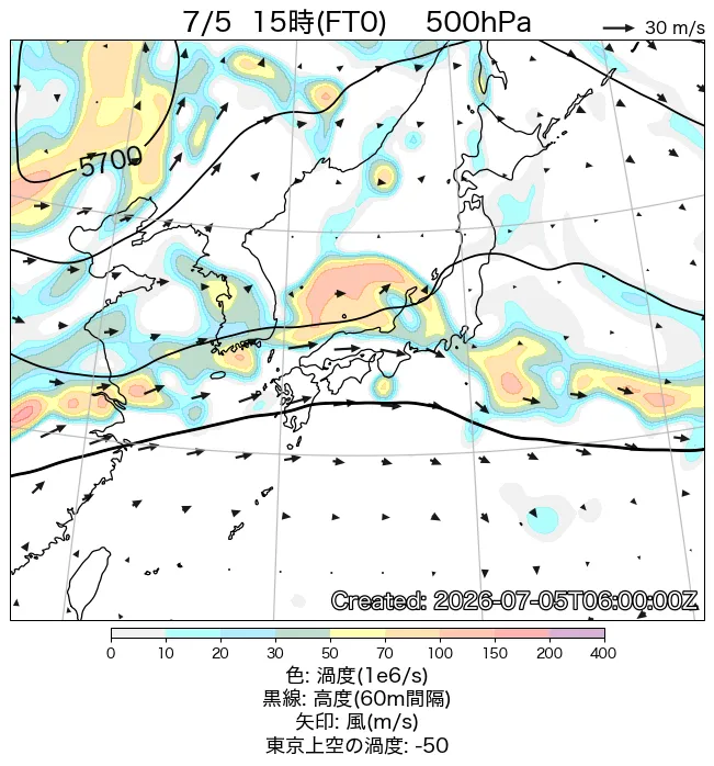 2026年7月5日の日本周辺の500hPa天気図（15時）