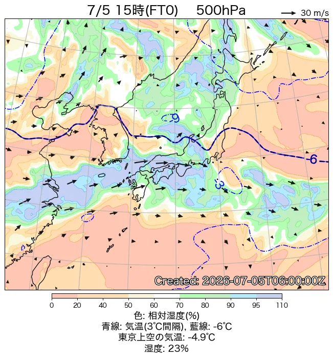 2026年7月5日の日本周辺の500hPa天気図（15時）