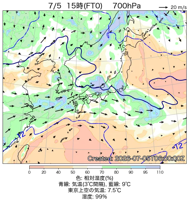 2026年7月5日の日本周辺の700hPa天気図（15時）