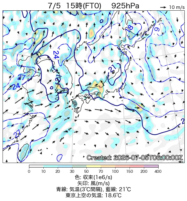 2026年7月5日の日本周辺の925hPa天気図（15時）