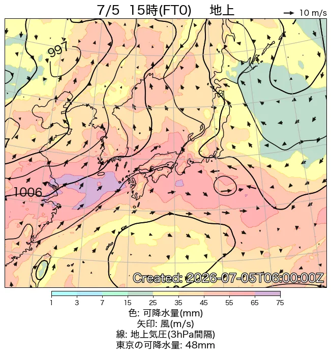 2026年7月5日の日本周辺の地上天気図（15時）