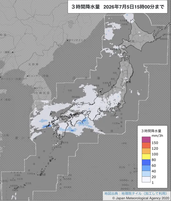 2026年7月5日12〜15時の日本周辺の3時間解析降水量