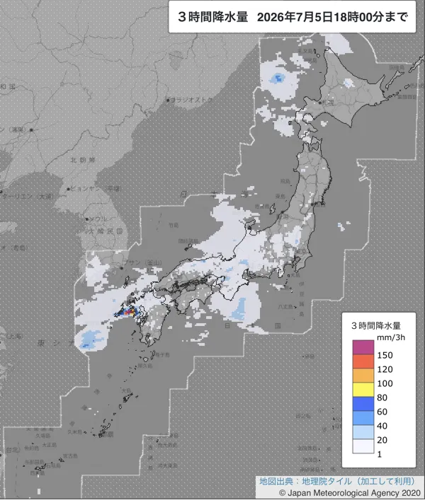 2026年7月5日15〜18時の日本周辺の3時間解析降水量
