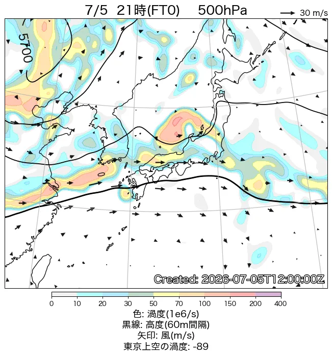 2026年7月5日の日本周辺の500hPa天気図（21時）