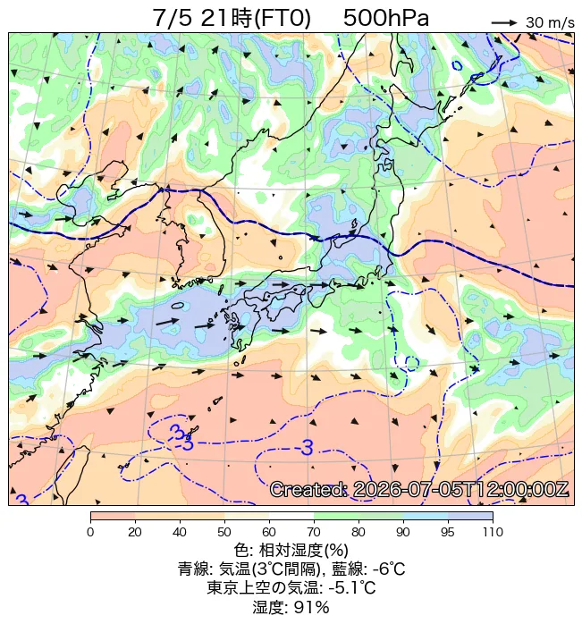 2026年7月5日の日本周辺の500hPa天気図（21時）