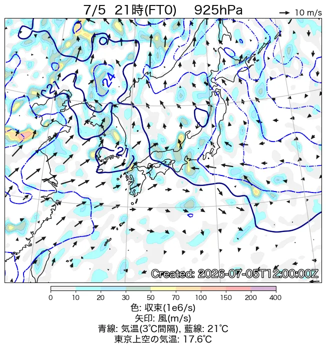 2026年7月5日の日本周辺の925hPa天気図（21時）