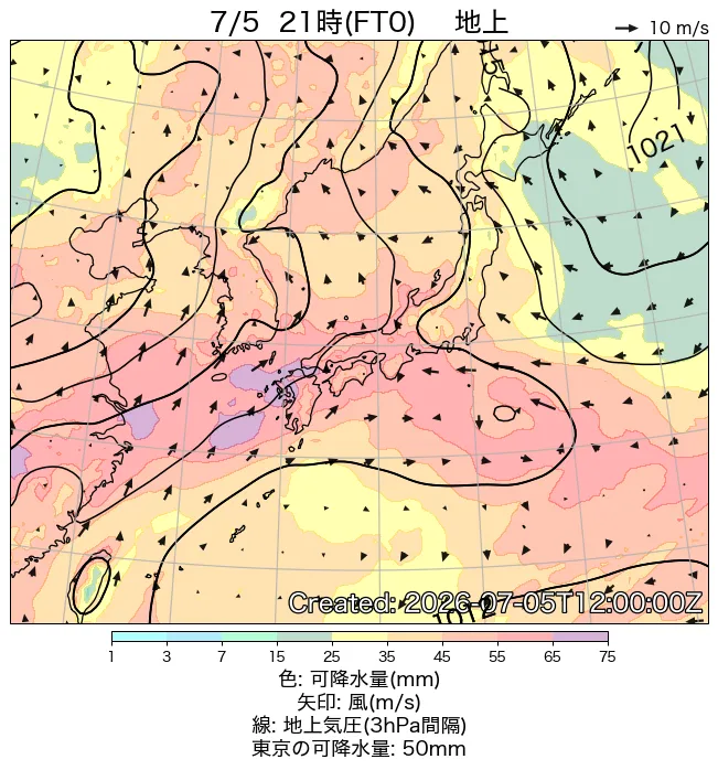 2026年7月5日の日本周辺の地上天気図（21時）