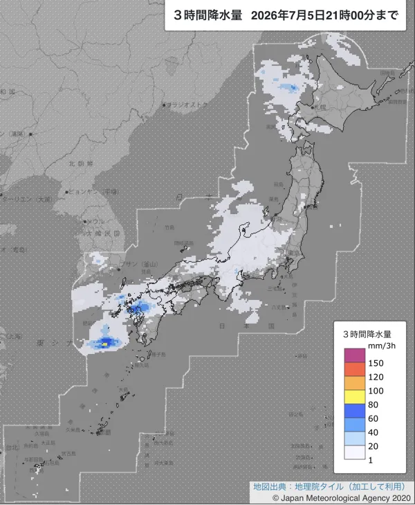 2026年7月5日18〜21時の日本周辺の3時間解析降水量