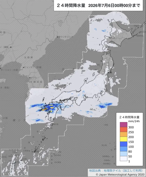 2026年7月5日の日本周辺の日解析雨量の図