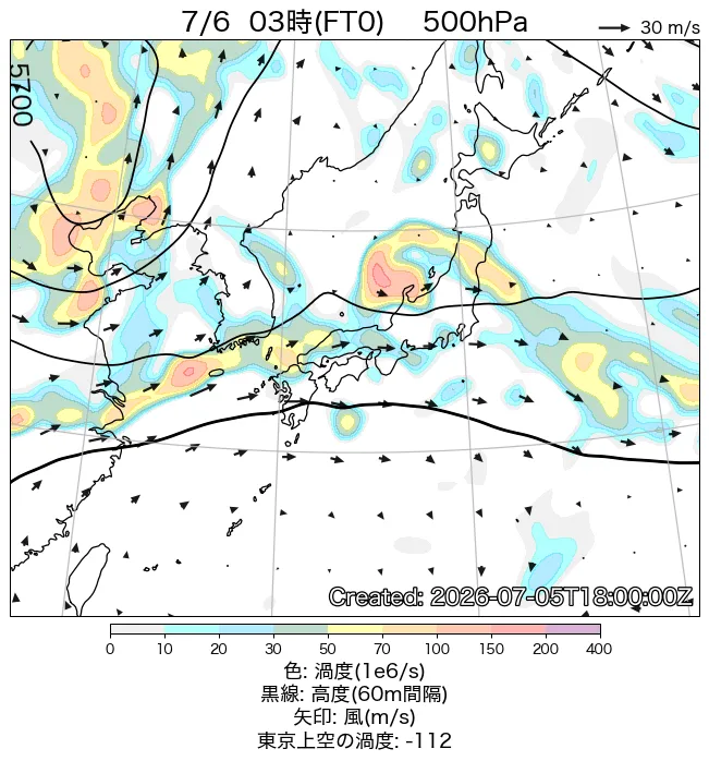 2026年7月6日の日本周辺の500hPa天気図（3時）