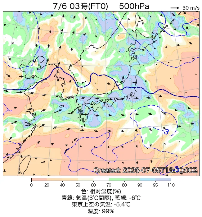 2026年7月6日の日本周辺の500hPa天気図（3時）