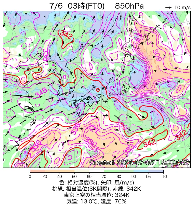 2026年7月6日の日本周辺の850hPa天気図（3時）