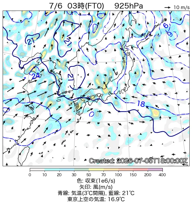 2026年7月6日の日本周辺の925hPa天気図（3時）