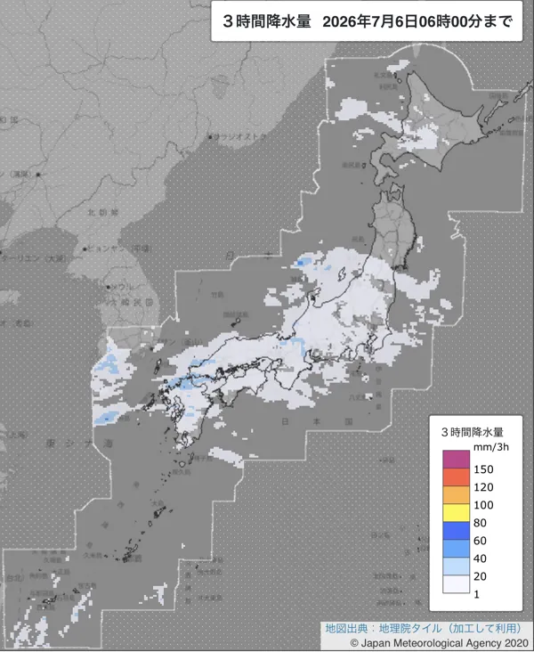 2026年7月6日3〜6時の日本周辺の3時間解析降水量