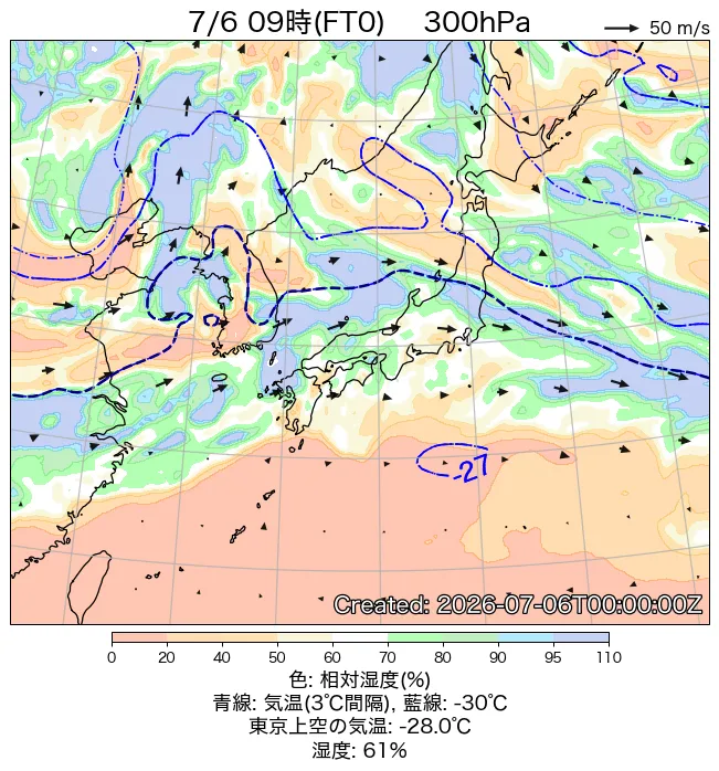 2026年7月6日の日本周辺の300hPa天気図（9時）