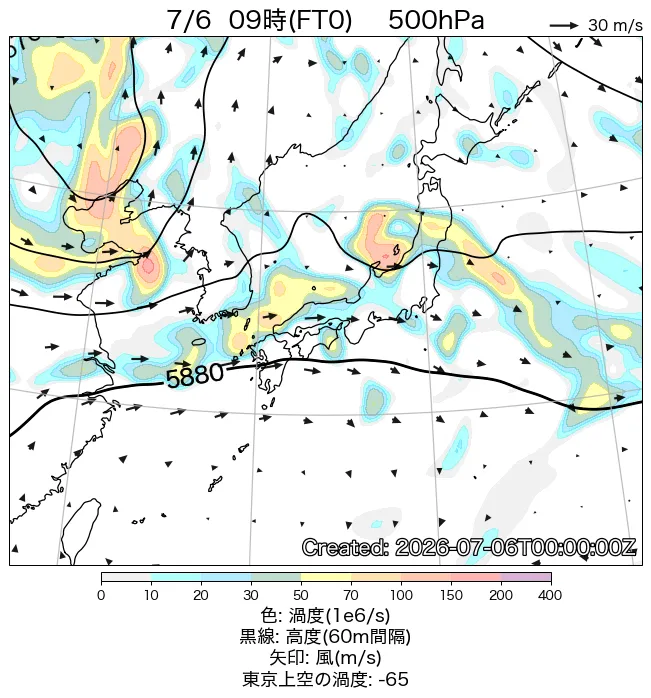 2026年7月6日の日本周辺の500hPa天気図（9時）