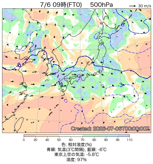 2026年7月6日の日本周辺の500hPa天気図（9時）