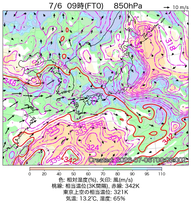 2026年7月6日の日本周辺の850hPa天気図（9時）