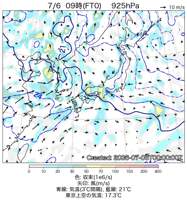 2026年7月6日の日本周辺の925hPa天気図（9時）