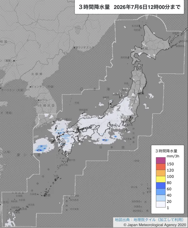 2026年7月6日9〜12時の日本周辺の3時間解析降水量